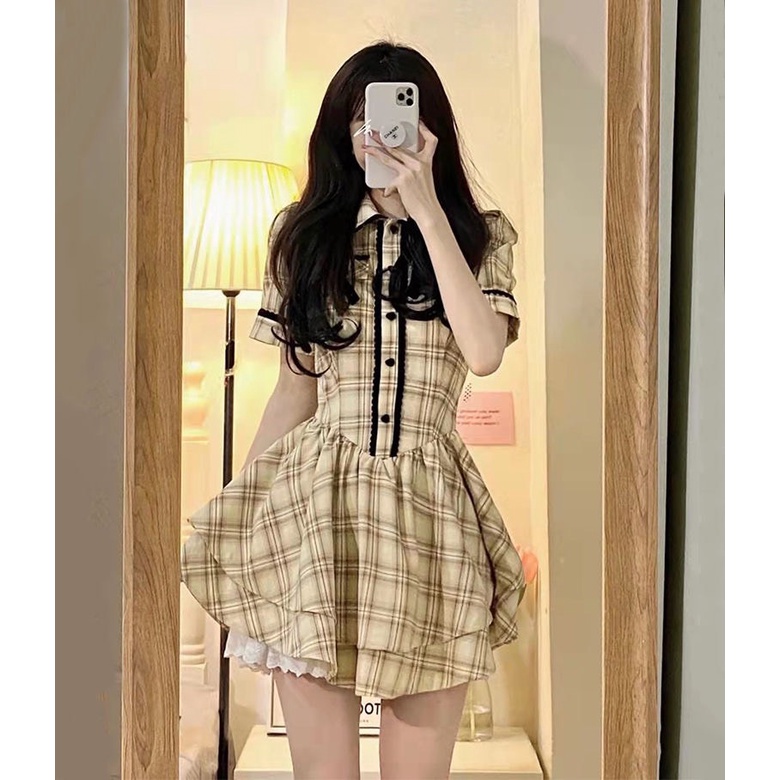 Váy dáng xòe 2 lớp thắt nơ kẻ caro vàng cực xinh Ảnh thật