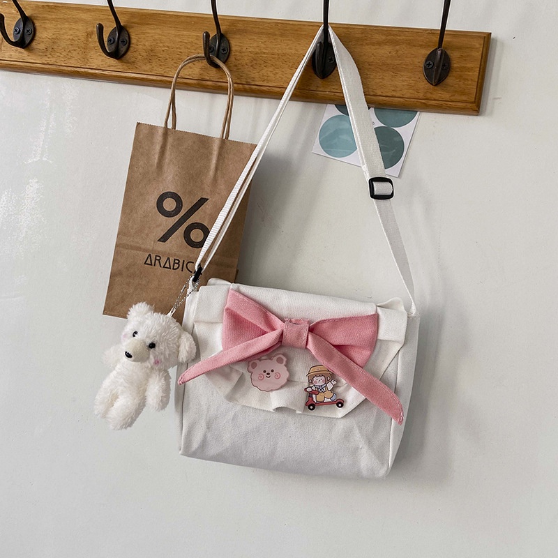 Túi Đeo Vai Bằng Vải Canvas Mềm Đính Nơ Dễ Thương Thời Trang Cho Nữ