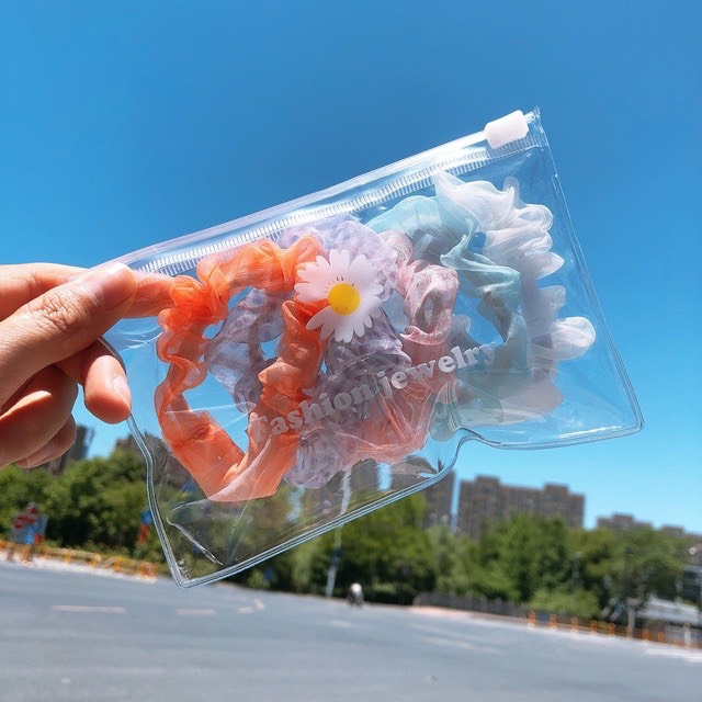 Set 5 dây buộc tóc vải scrunchies kèm túi zip hoa cúc