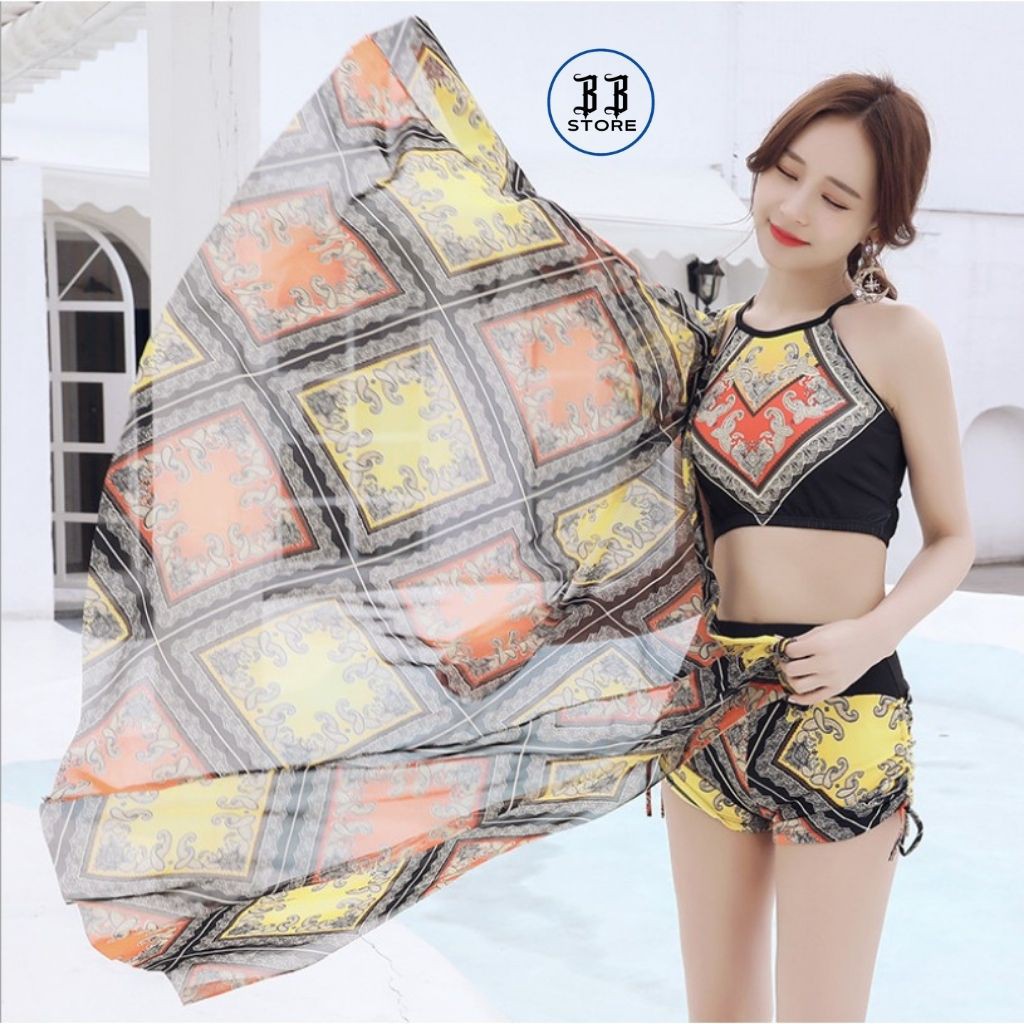 Đồ bơi nữ, bikini đi biển set 3 món họa tiết thổ cẩm Loại 1