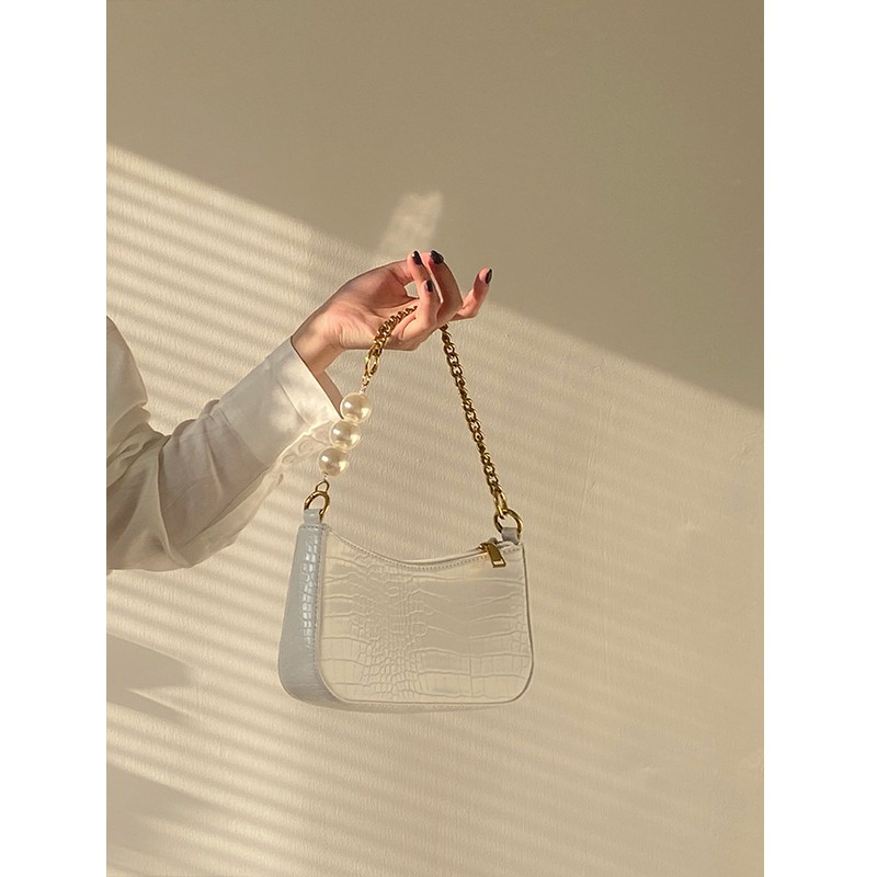 Túi Xách Phối Dây Xích Đính Ngọc Trai Kiểu Vintage Pháp Sang Trọng Thời Trang