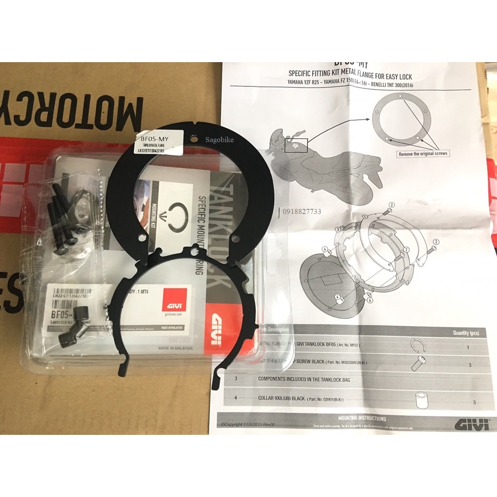 Bộ ngàm bình xăng Givi BF05-MY, Bộ ngàm gắn túi bình xăng xe FZ 150i, FZ, Beneli, MT,,,,