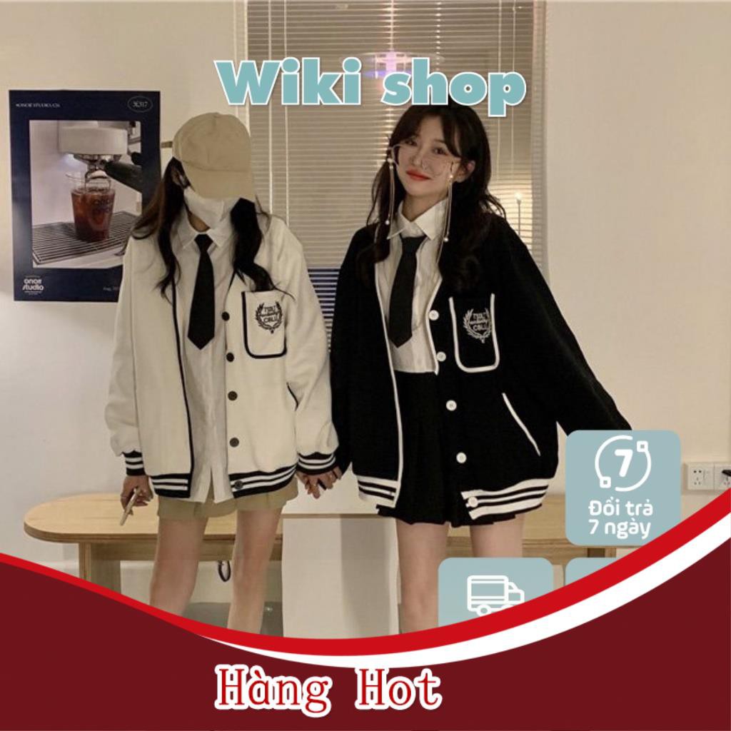 Áo khoác nỉ bóng chày unisex Wikishop màu đen trắng form rộng ulzzang cá tính nam nữ C494