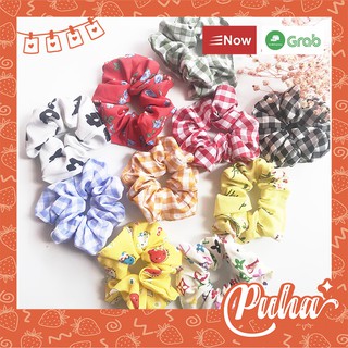 Dây cột tóc vải scrunchies HABABU, dây buộc tóc scrunchies bò sữa, đồ buộc tóc caro hoa nhí.