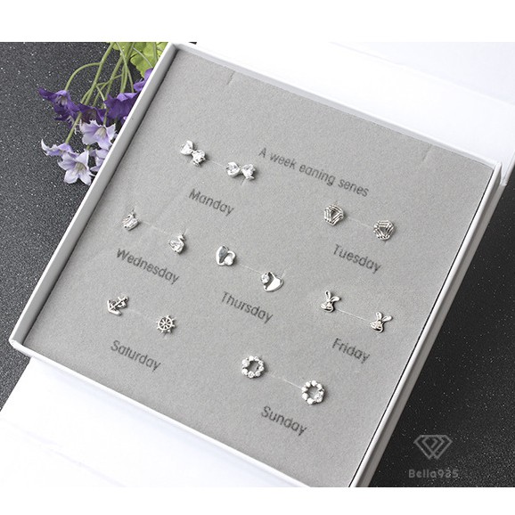 Bông tai bạc Bella 925 bộ 7 ngày hàng hộp trắng sang trọng
