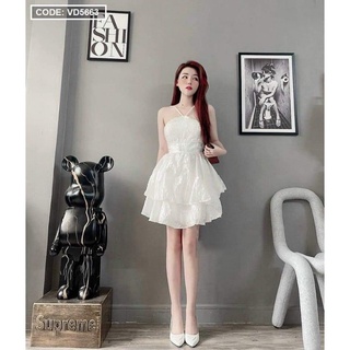 ĐẦM CỔ YẾM REN XẾP TẦNG DÁNG XOÈ (CÓ MÚT NGỰC)