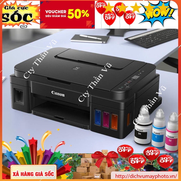 Máy in phun màu đa năng canon G3010 có wifi in 1 mặt đầy đủ photocopy scan in màu in đen trắng hàng mới có BH INECO