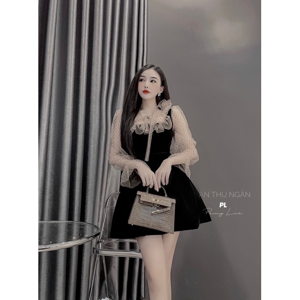 Váy nhung phối ren chấm bi