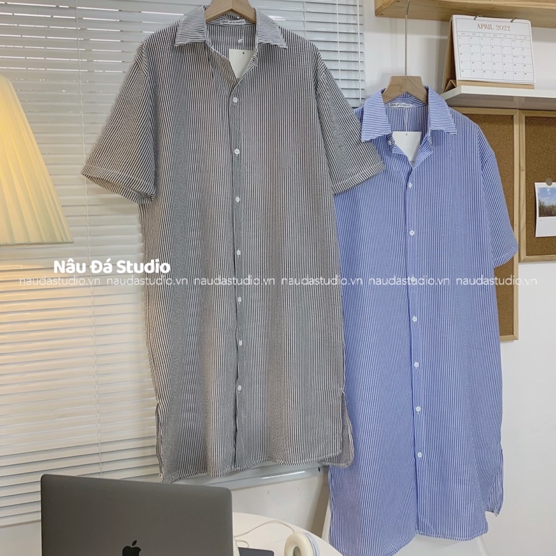 VÁY - ĐẦM SƠMI KẺ SỌC XÔ XỐP TAY NGẮN OVERSIZE  - NÂU ĐÁ STUDIO.