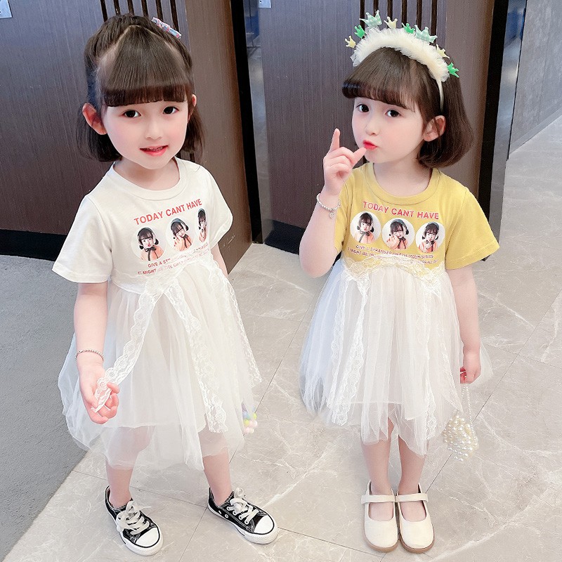 2021 New Baby Girl Mùa hè Tay ngắn in lưới Váy 1- -Cô gái 6 tuổi Cô mặc kiểu phương Tây vào