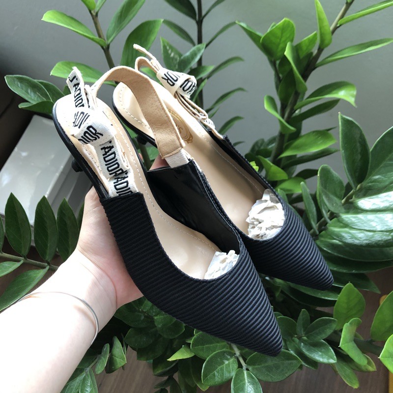 Giày cao gót nữ Vải Siêu Đẹp gót bệt và nhọn jadi vải gân và da bóng 3 phân 9 phân