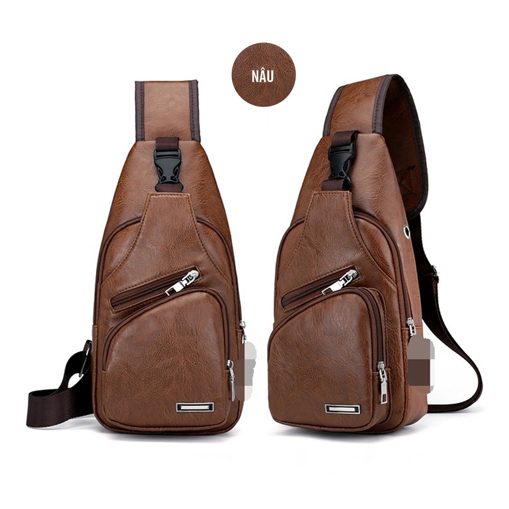 Túi da đeo chéo nam kèm dây cáp USB