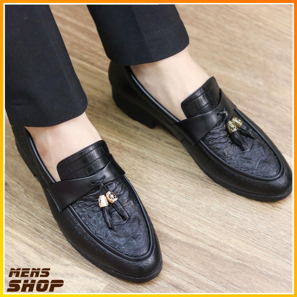 Giày Lười Nam Da Lì Dập Vân Cá Sấu Chuông Vàng