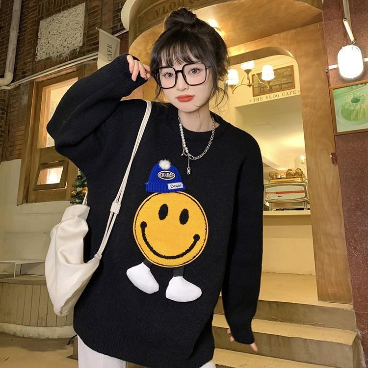 Áo sweater dệt kim dày dặn in hình mặt cười thời trang mùa đông 2023 thích hợp cho nữ