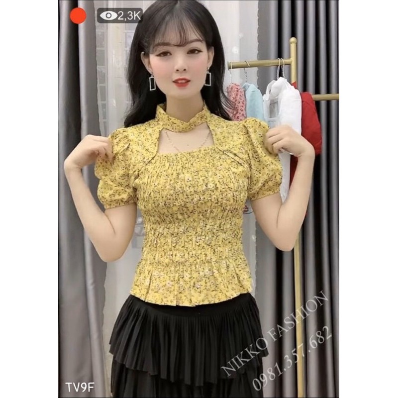 Áo sơ mi hoa chun eo khoét cổ vuông siêu đẹp. Sỉ 85k