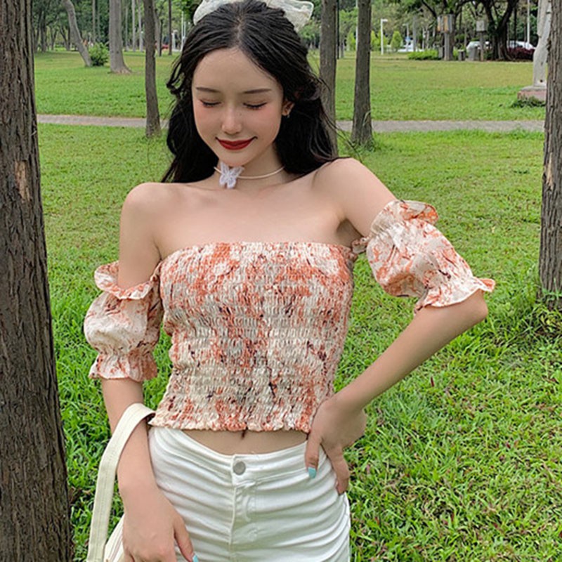 Áo Kiểu Chất Chiffon Tay Ngắn Thiết Kế Trễ Vai Quyến Rũ
