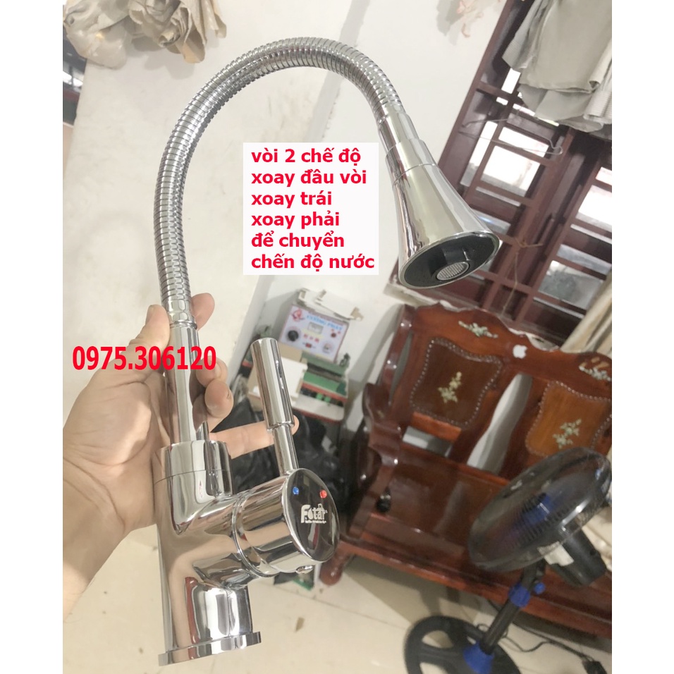 [LOẠI 1-HÀNG ĐÚC] Vòi Rửa Chén Bát Nóng Lạnh đồng thau mạ crom lò xo bẻ được mọi vị trí N4015 Fotar và 2 dây