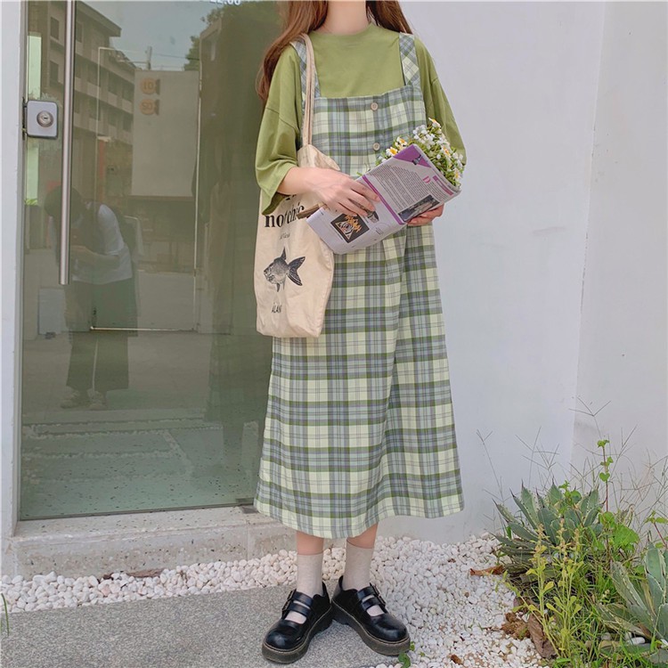 Váy Yếm Dáng Rộng Kẻ Sọc Kiểu Nhật Bản Dễ Thương Cho Nữ