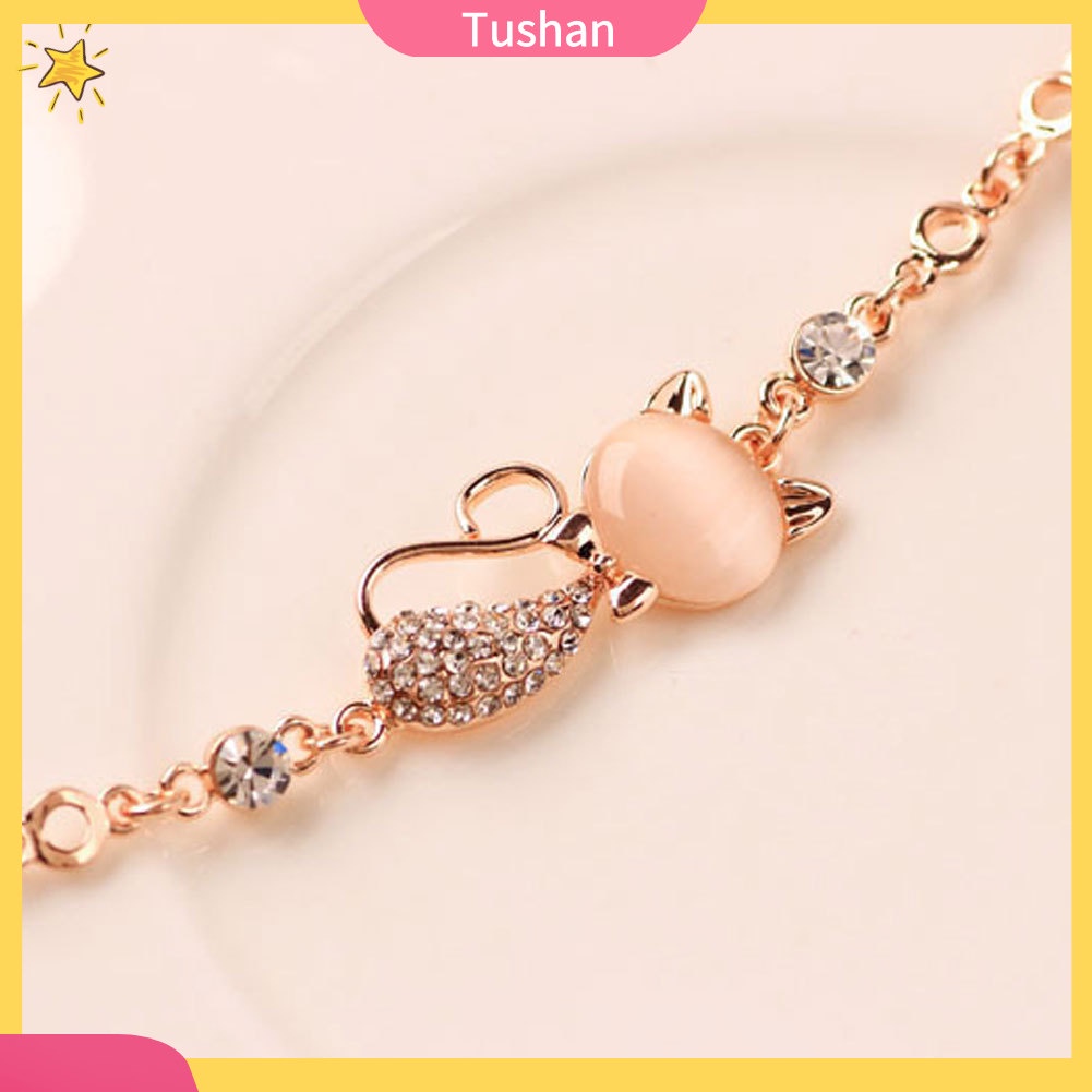 TUSH_Fashion Cat Shape Faux Opal Rhinestone Inlaid Charm Lady Bangle Bracelet Jewelry