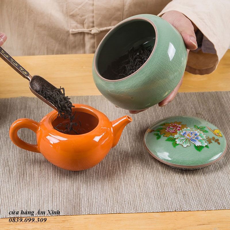 Hũ, Bình đựng trà bằng sứ men rạn họa tiết đẹp mắt 530 ml