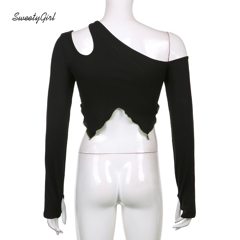 Áo Thun Dài Tay Cổ Yếm Lệch Tà Màu Sắc Tương Phản 2022 Thời Trang Cho Nữ