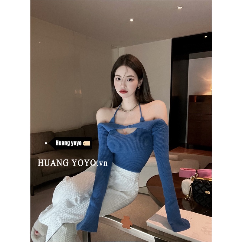 HUANG YOYO   Set Áo Yếm + Ống Tay Dài Dệt Kim Thời Trang Hàn Quốc Cho Nữ (Có Bán Lẻ)
