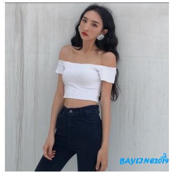 Áo croptop trễ vai tay ngắn màu sắc quyến rũ dành cho nữ