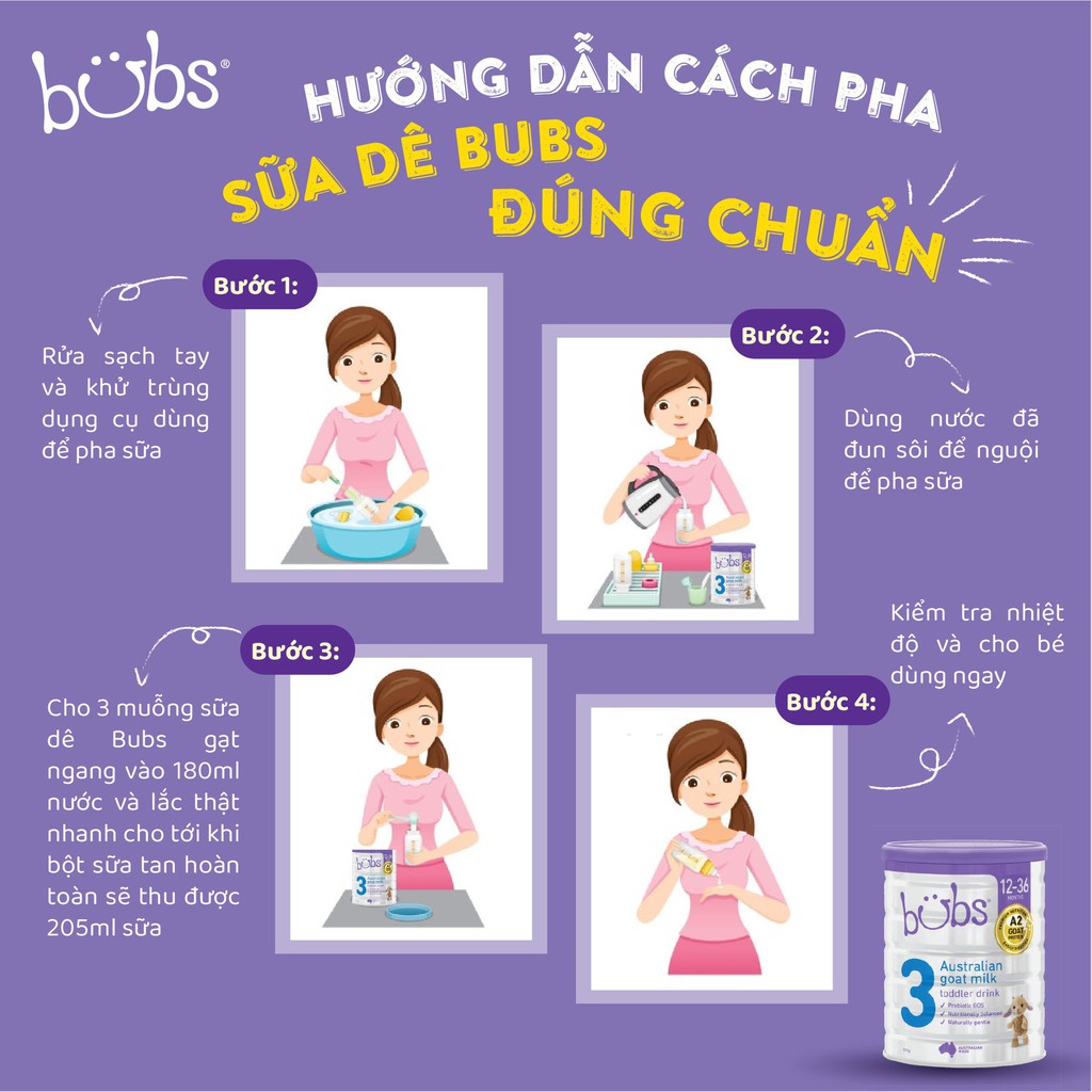 [Tặng 01 Lọ C Sủi Swisse High Strength Vitamin C 1000mg]Combo 3 Sữa Bột Dê Bubs số 3-Goat Milk Toddler Drink Stage 3