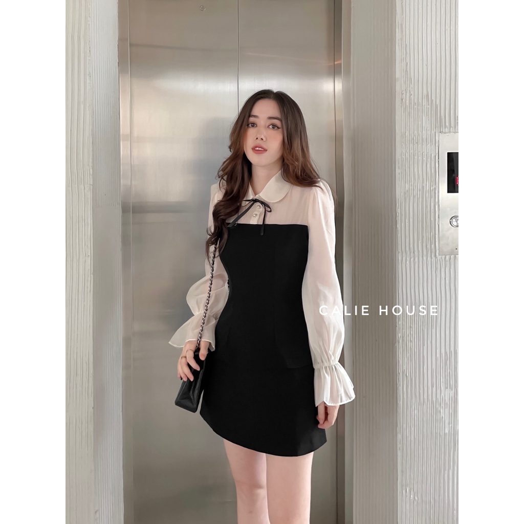 Áo sơ mi phối tơ cổ nơ ngọt ngào thời trang thiết kế nữ Calie House AC032
