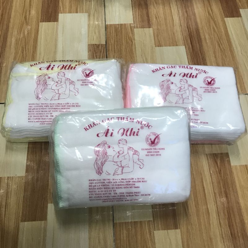 Khăn gạc thấm nước / khăn vải mùng, khăn sữa em bé Ái Nhi (khăn 4 lớp, 1 lốc 10 cái)