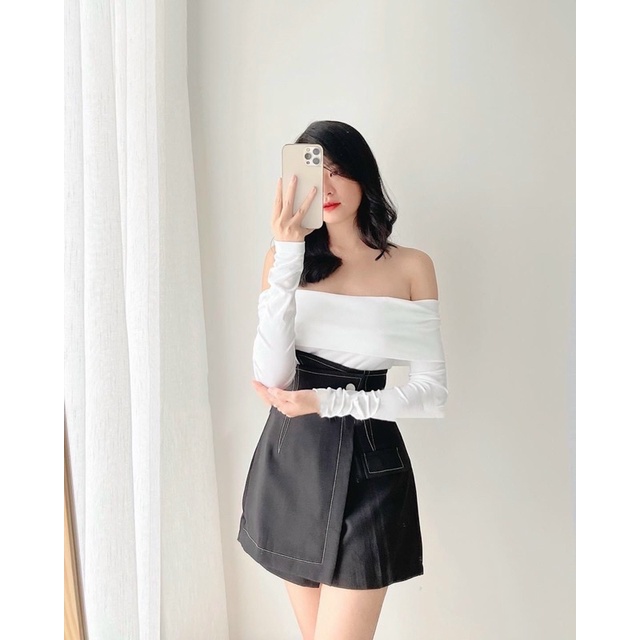Set áo len bẹt vai kèm chân váy chéo viền chỉ đủ màu