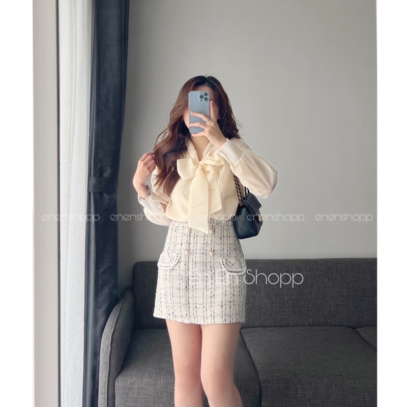 Áo organza cổ nơ