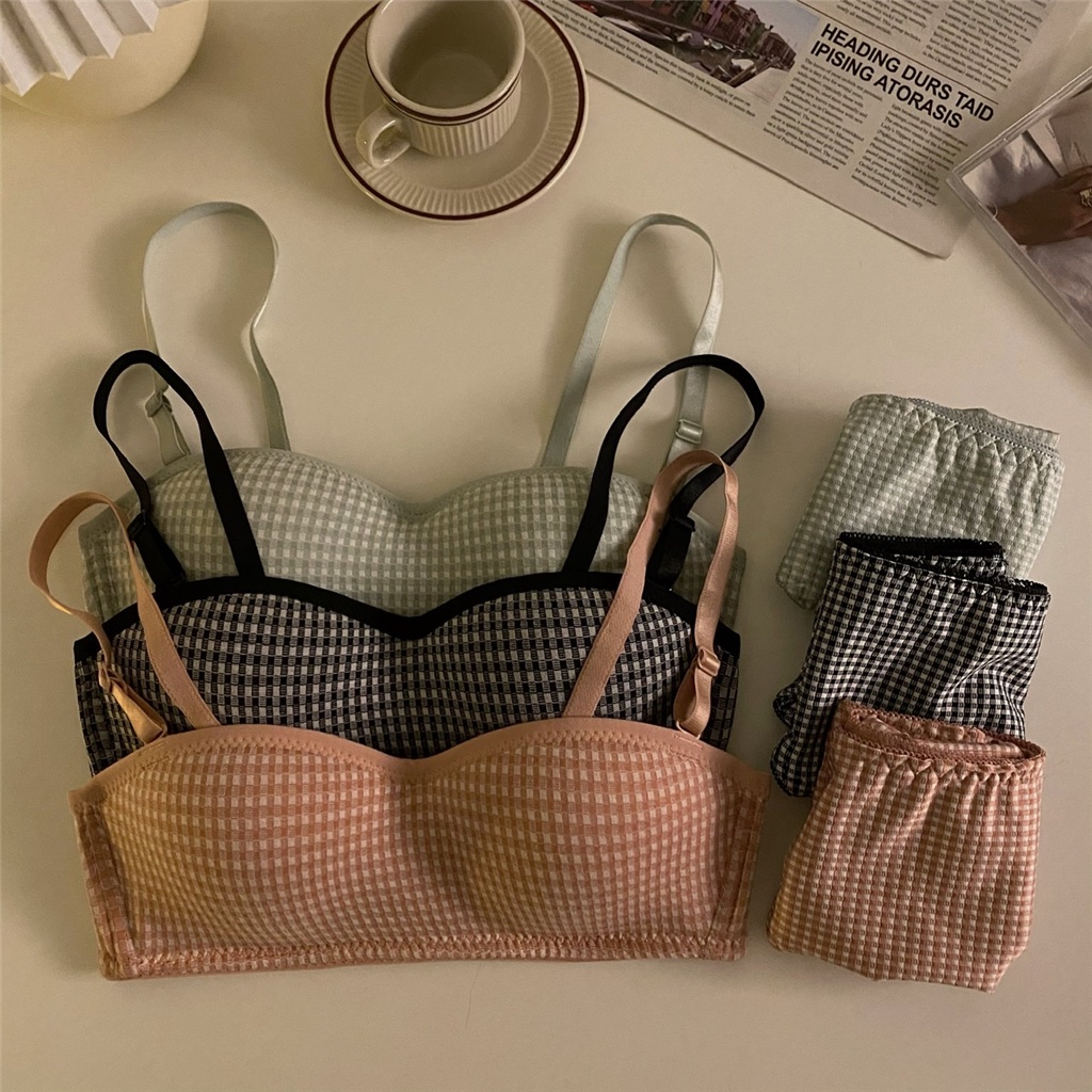 1 Bộ Đồ Lót Nữ Họa Tiết Kẻ Sọc Caro + Áo Ngực Mềm Không Dây Có Thể Tháo Rời | BigBuy360 - bigbuy360.vn