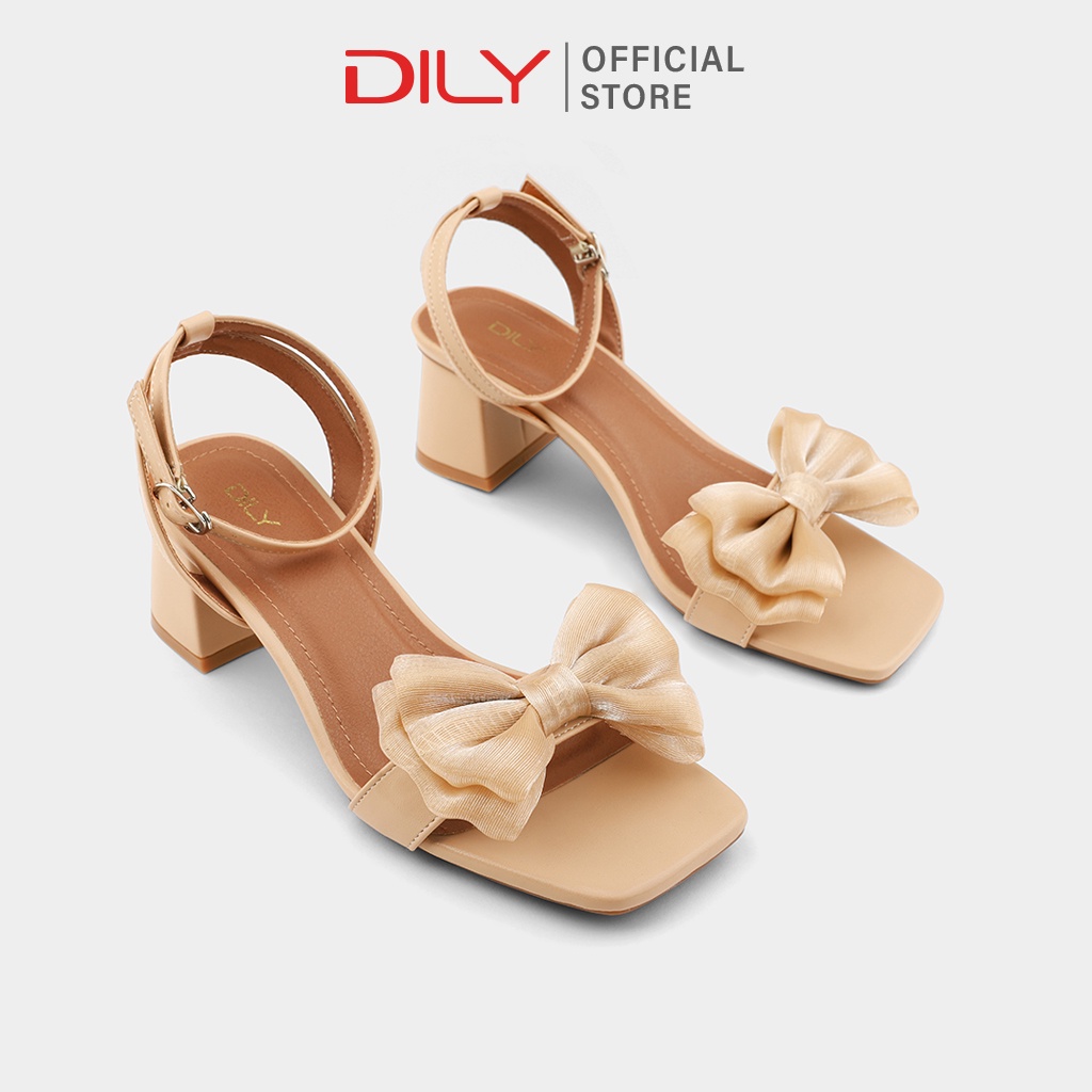 Giày sandal nữ DILY mũi vuông gót vuông quai phối nơ organza cao 5cm_AA0340