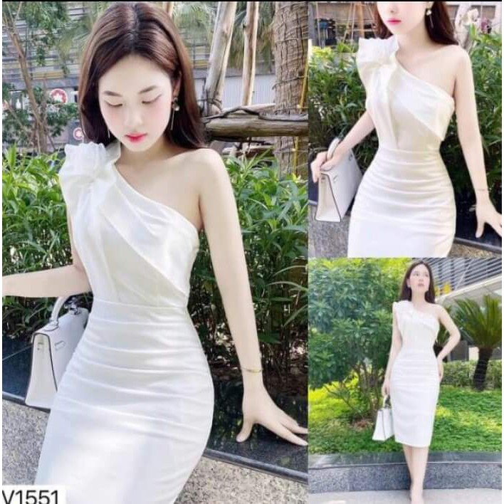 Đầm body chéo vai xếp li eo