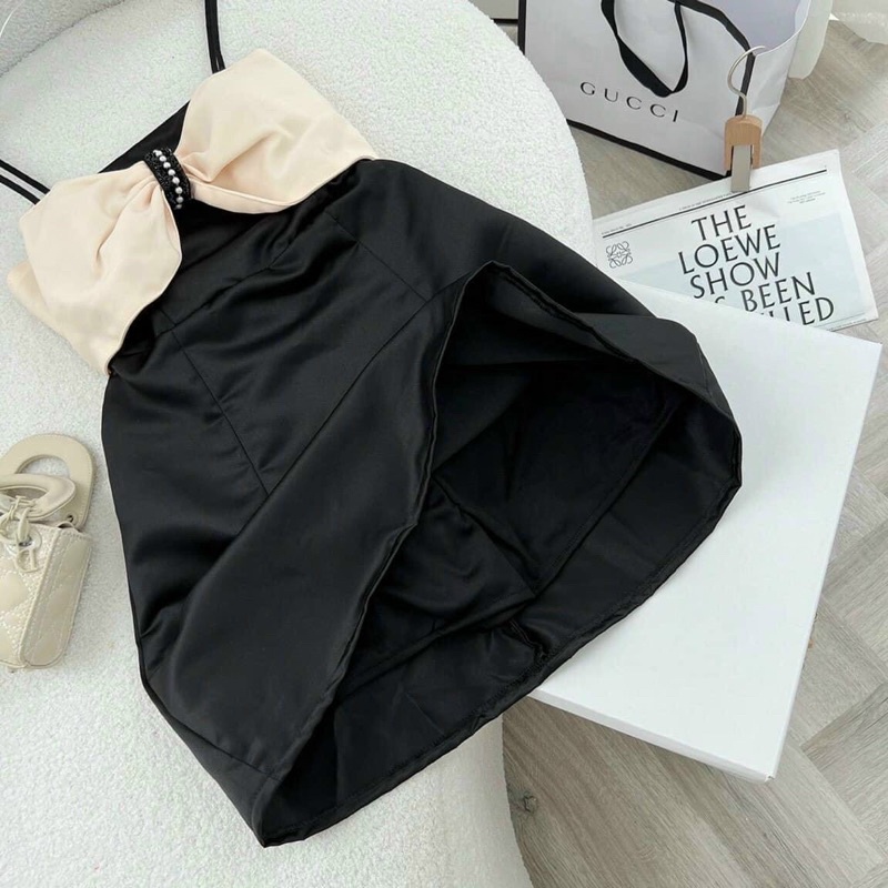 ĐẦM 2S ĐEN PHỐI NUDE NƠ NGỰC ĐÍNH NGỌC