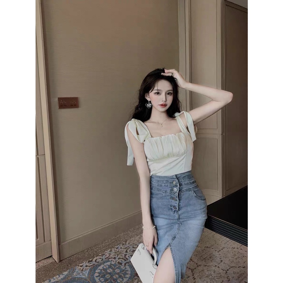 Áo len mỏng 2 dây ly ngực thắt nơ ulzzang Hàn Quốc