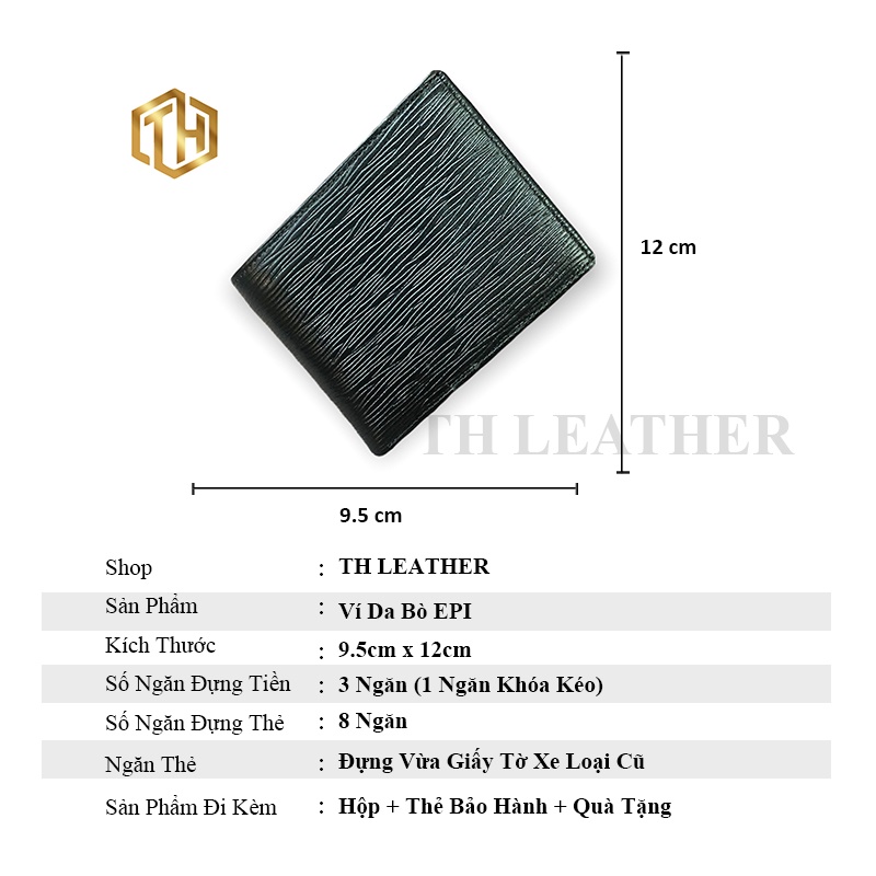 Ví Nam Da Bò EPI Cao Cấp, Bóp Nam Da Bò Thật,  Lót Trong Da Heo Bền Bỉ Dáng, Ngang, Màu Đen - BH 24 Tháng