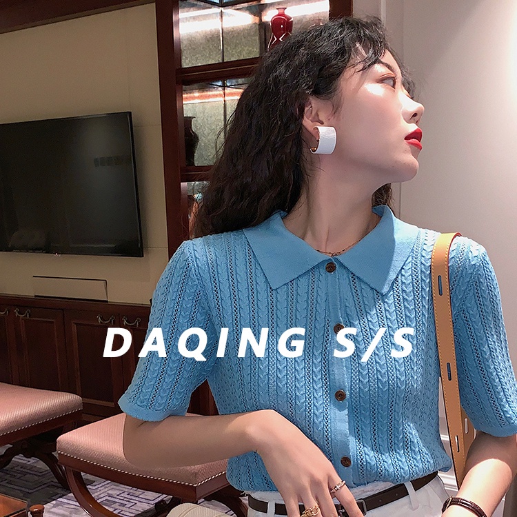 Áo dệt kim SUXI tay ngắn cổ polo dáng rộng phong cách cổ điển mùa hè dành cho nữ