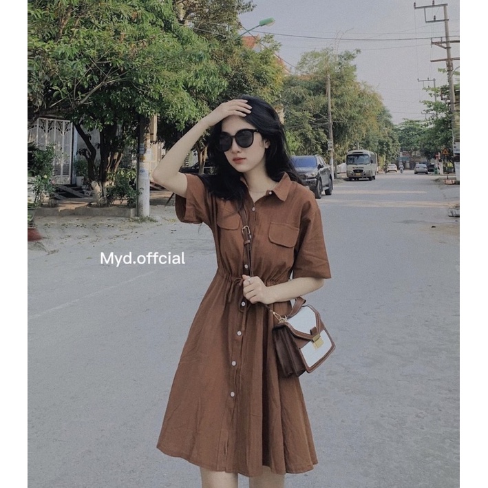 VÁY SƠ MI CỔ ĐỨC TÚI HỘP RÚT CHUN EO DÁNG VINTAGE VSMREV