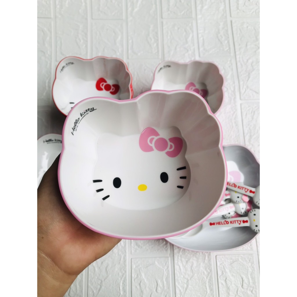 Bát Đĩa Thìa Giả Sứ Hình Mèo Hello Kitty Siêu Đáng yêu Cho Bé Ăn Dặm