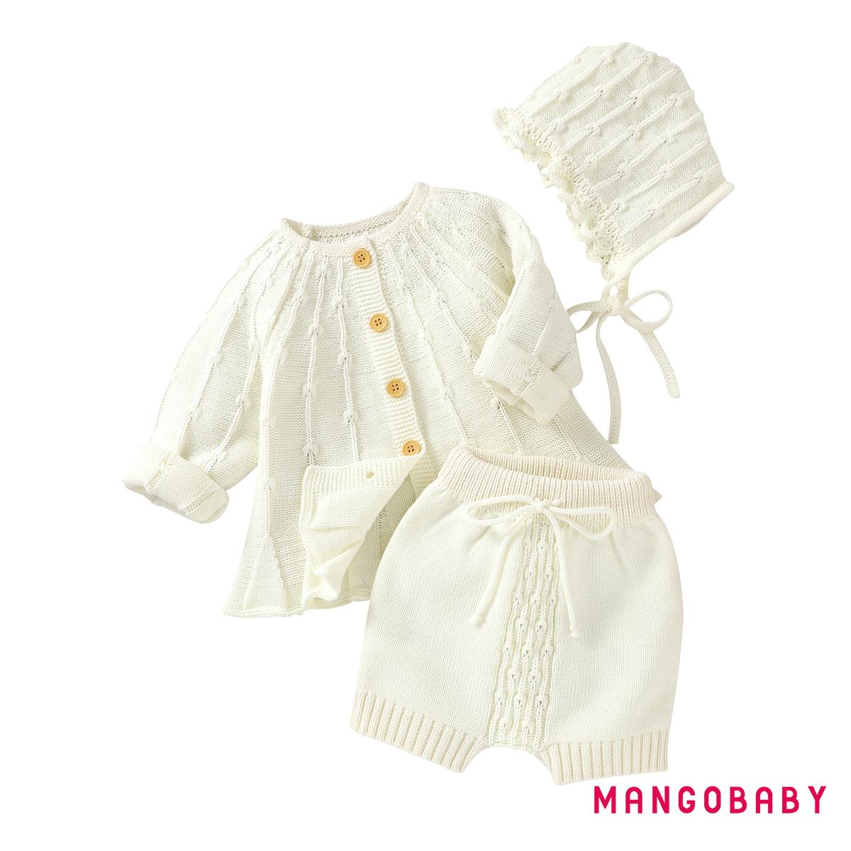 Set Áo Len Cardigan Màu Sắc Trơn Cài Nút + Quần Short + Mũ Cho Bé Gái