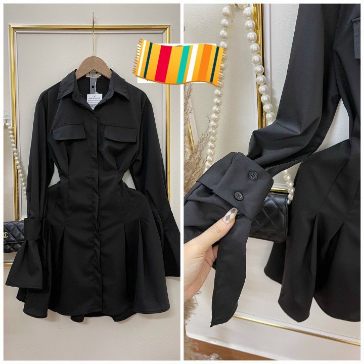 Đầm sơ mi cổ chữ V tay dài,váy thiết kế cao cấp Polo cotton mịn kèm dây buộc eo tiểu thư dự tiệc dạo phố XM Minh Phúc