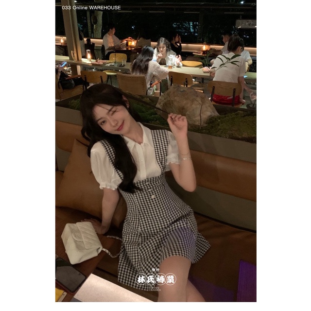 Set Đầm Ngắn Sọc Ca Rô + Áo Sơ Mi Trắng Phong Cách Pháp Thời Trang Mùa Hè Mới Cho Nữ | BigBuy360 - bigbuy360.vn