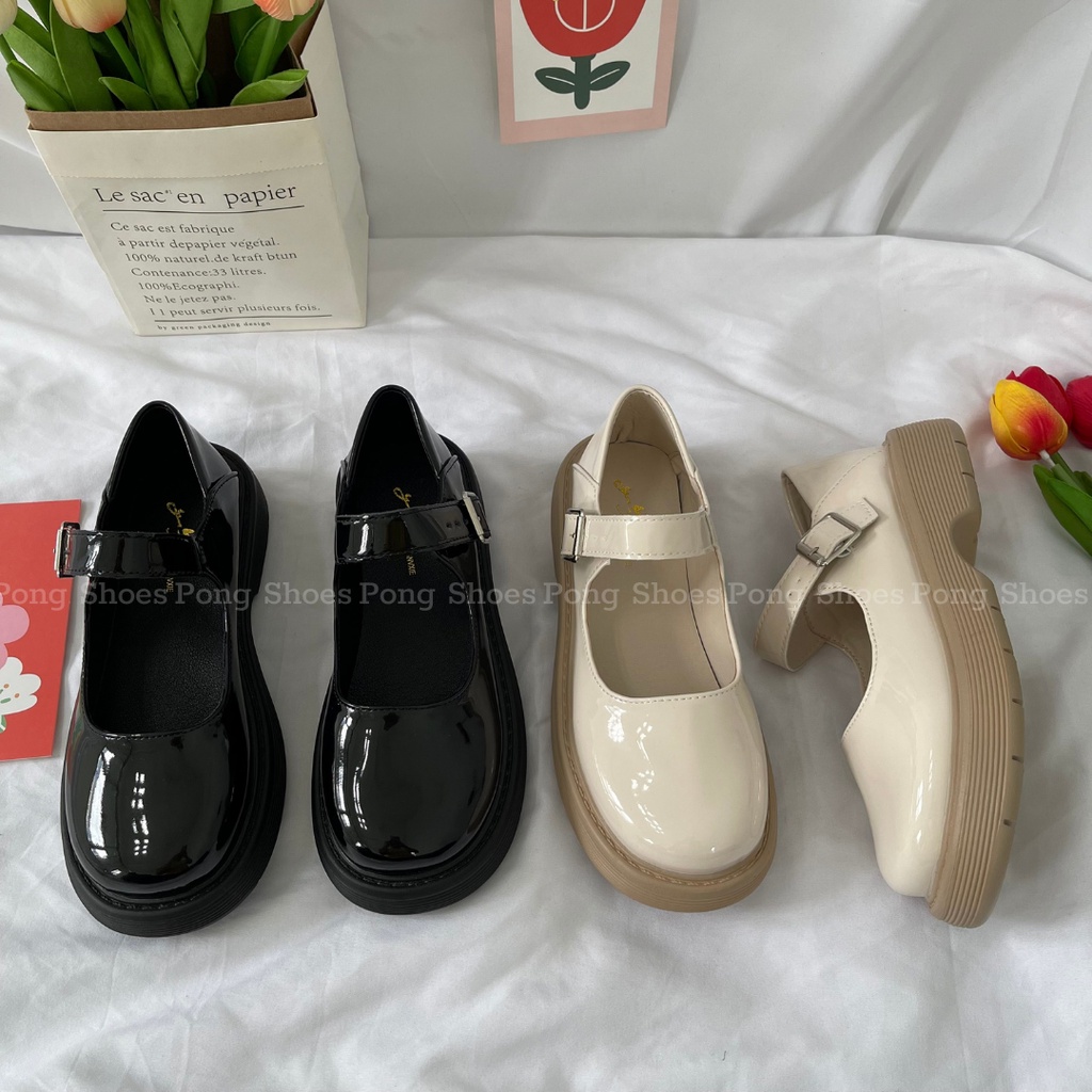 Giày búp bê Pong Shoes phong cách Ulzzangs màu đen be  FULL HỘP Mã 1322