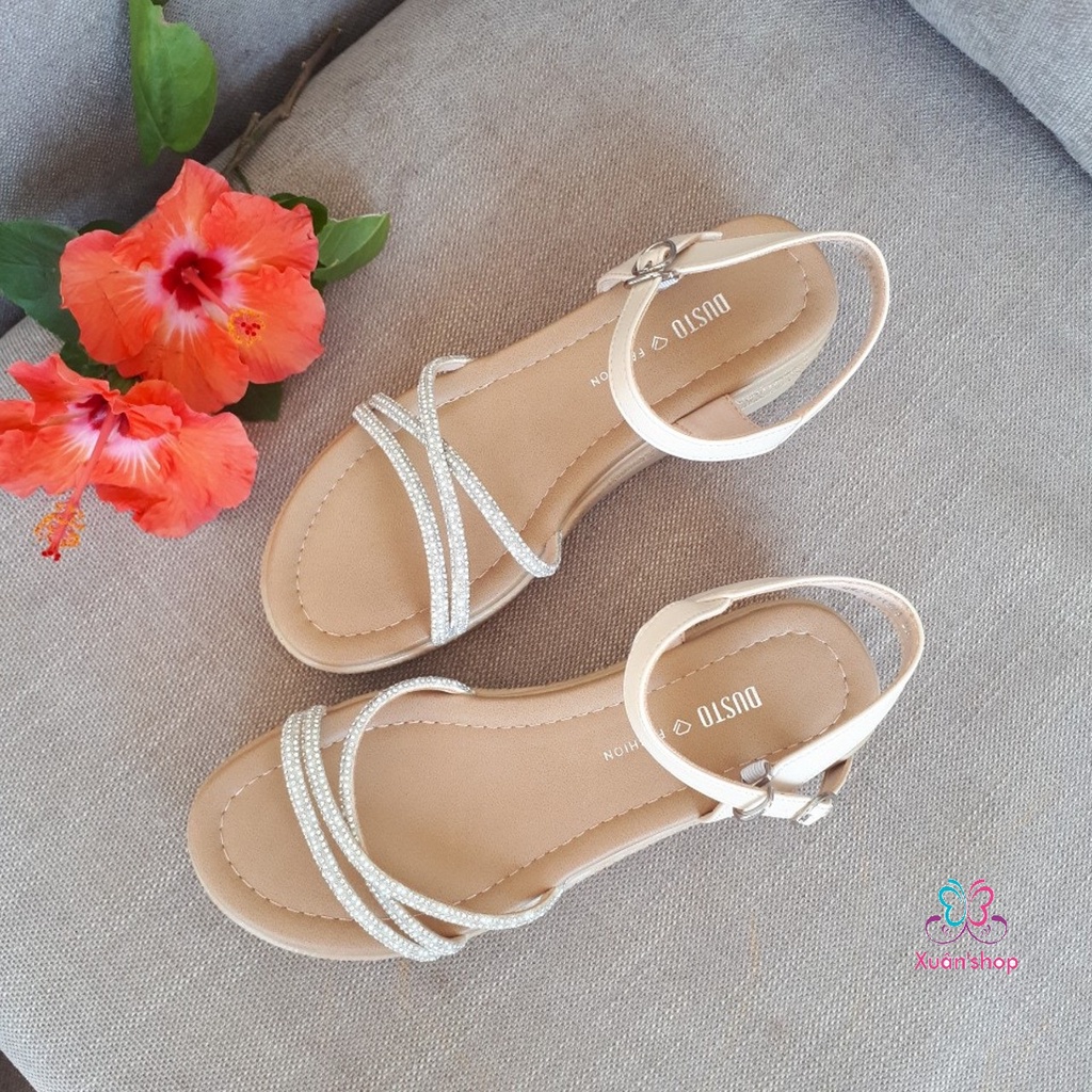 Giày sandal Dusto quai chéo phủ ánh kim, đế xuồng cao 4.5cm (size 37, 39)