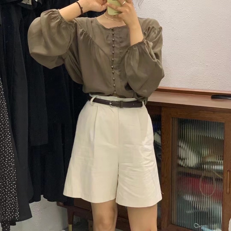 Áo sơ mi voan lụa cúc bọc 90203 CHERRYCOCO