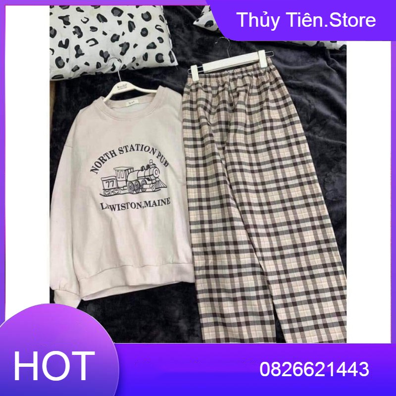 Bộ Nỉ NORTH Culottes Kẻ Tàu Hoả Nữ Unisex - Set sweater nỉ bông tay bồng mix quần suông ống rộng caro Ulzzang 💎 👗💝