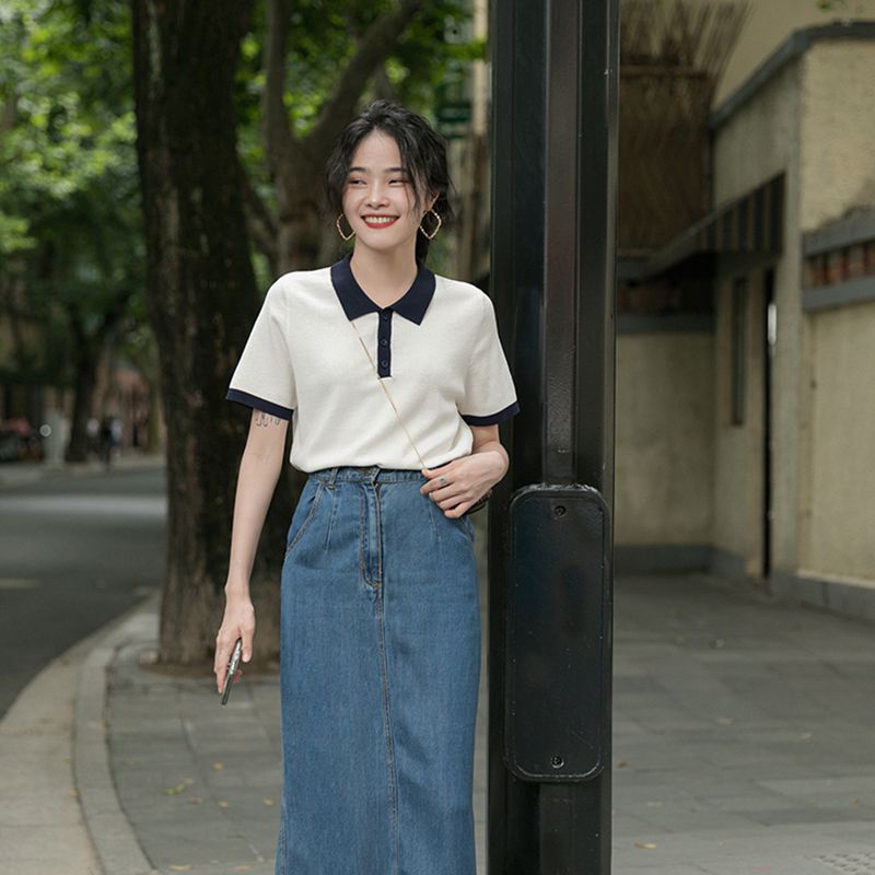 Áo dệt len Xia Bingsi cổ polo dáng ngắn viền đen | BigBuy360 - bigbuy360.vn