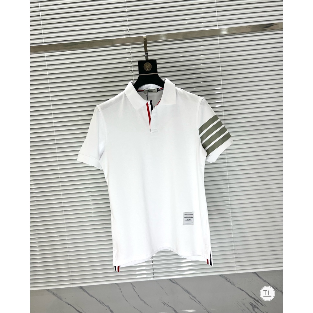 Áo phông nam thome brown vạch trắng ống tay, áo polo nam nữ có cổ mẫu hot form chuẩn hot trend TB00335